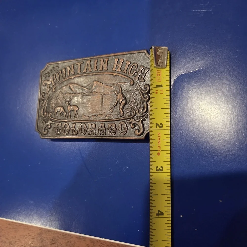Vintage Rocky Mountain High Colorado Brass Belt Buckle Deer Mountains Hiker